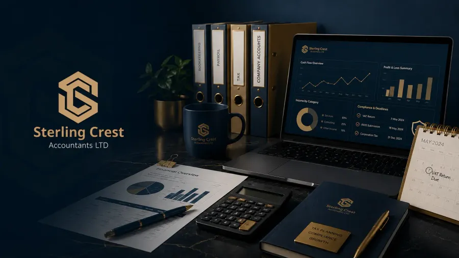 Sterling Crest accounting workspace with branded desk, laptop reports and client files